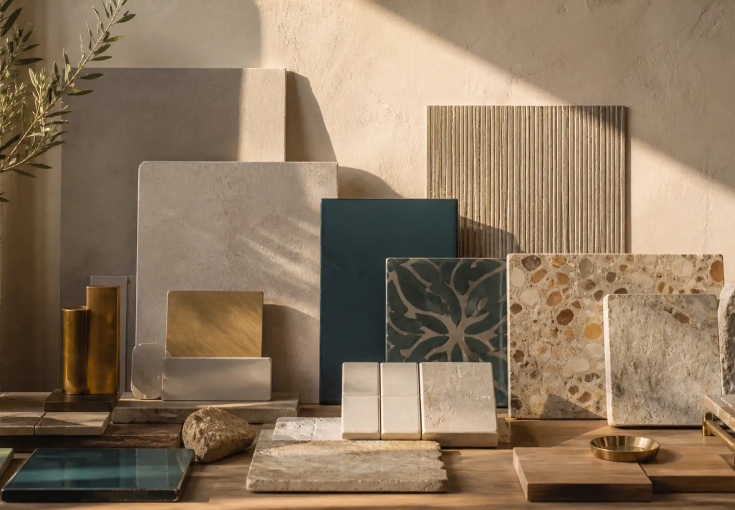 Muestras de piedra, cerámica, madera y latón ordenadas bajo luz cálida de tarde